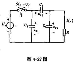 试求题4-27图所示电路在开关闭合后的零状态响应i（t)（图中Us为一直流电压).试求题4-27图所