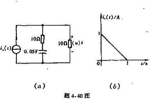 设题4-40（a)图所示电路中电流源电流is（t)的波形如题4-40（b)图所示,试求零状态响应u（