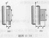 一根很长的圆柱形实心铜导线半径为R，均匀载流为I，试计算：（1)如题图11-18（a)所示，导线内部