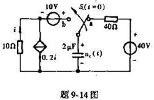 在题9-14图所示电路中,t=0时开关S由a倒向b.开关动作前电路处于稳定状态,求uc（t)（t≥0