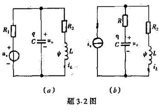 试写出题3.2图所示两个线性网络的状态方程.（1)以电容电压和电感电流为状态变量;（2)以电容电荷试