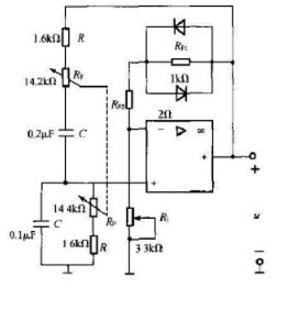 图17－13是用运算放大器构成的音频信号发生器的简化电路。（1)R1大致调到多大才能起振？（2)RP
