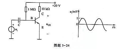 共射放大电路,采用偏置电流如图题3-24所示.（1)试求IB和;（2)当u1为正弦波,其振幅为1mV