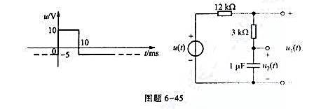 图题6-45所示电路,作用于电路的电压u（t)如图中所示,设在t＜0时,电路已达直流稳态.试求解u1