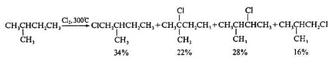 2-甲丁烷氯化时,产生四种可能的异构体,它们的相对含量如下式所示.上述反应结果与自由基的稳定2-甲丁