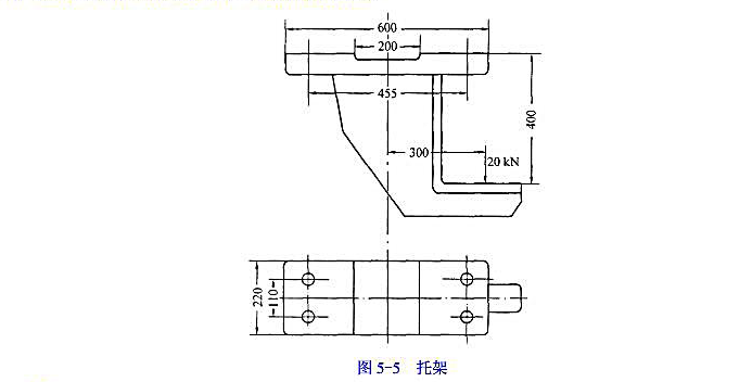 图5-5 为一托架，20kN 的载荷作用在托架宽度方向的对称线上，用四个螺栓将托架连接在一钢制横梁上