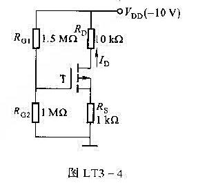 在图LT3-4所示电路中,已知VGS（th)=-1.5V,增强型MOS管的沟道长度调制效应忽略不计,