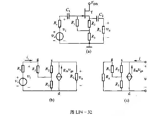 共漏放大电路如图LP4-32所示.（1)画出交流等效电路;（2)推导表示式.设rds和RL的作用忽略