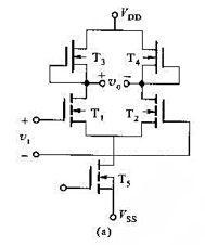 图LP4-41（a)所示为E/DMOS差分放大电路,试导出双端输出的差模电压增益表达式.设各管衬底与