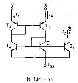 图LP4-55所示电路为电流传输器.各管参数相同,β足够大,基极电流可忽略.（1)假设Y端接入一电压