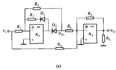 试画出图LT6-12（a)所示整流电路中υ01、υ0的波形.已知电阻R1=R2=R3=R4=试画出图