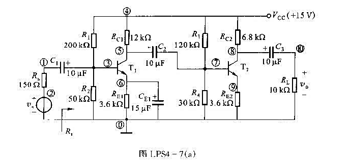 电路如图LPS4-7（a)所示,图中晶体三极管采用Q2N2222,输入信号电压峰值为10mV,试求I