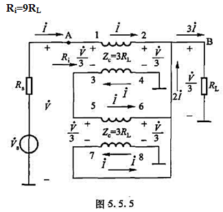 试证明图5.5.5所示的两个相同的传输线变压器所连接的阻抗变换器电路，由A点向右看去的阻抗为请帮忙给