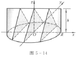 计算底面是半径为R的圆,而垂直于底面上一条固定直径的所有截面都是等边三角形的立体（图5-14)计算底