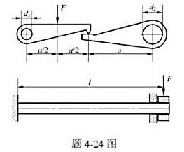 图示二平行圆轴，通过刚性摇臂承受载荷F作用。已知载荷F=750N，轴1和轴2的直径分别为d1=12m