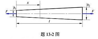 图示变宽度平板，承受轴向载荷F作用。已知板件厚度为δ，长度为l，左、右端的截面宽度分别为b1与b2，