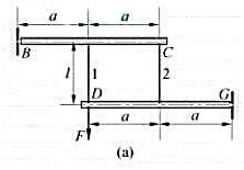 图示结构，承受铅锤载荷F作用。已知杆BC与DG为刚性杆，杆1与2为弹性杆，且各横截面的拉压刚度均为E