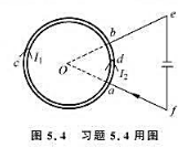 如图5.4所示，由两根导线沿半径方向接触铁环的a,b两点，并与很远处的电源相接。求环心O的磁感应强度