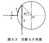 一根通有稳恒电流I的无限长细导线，被弯成如图5.5所示的形状，其中1段的延长线沿水平方向通过O点，2