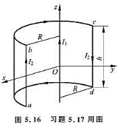 通有电流I1=50A的无限长直导线，放在如图5.16所示的圆弧形线圈的轴线上，线圈中的电流I2⌘通有