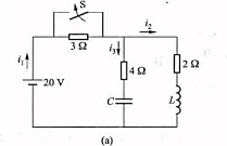 电路如图4-2（a)所示，t=0时开关s闭合，开关动作前，电路处于稳定状态。求：（1)S合上时，各支