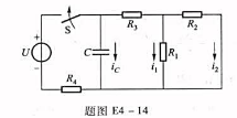 题图E4-14所示电路中，已知:U=27V，R1=60kΩ，R2=3kΩ，R3=10kΩ，R4=60