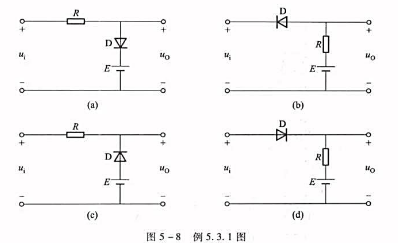 在图5-8的各电路图中，E=4V，ui=8sin（ωt)V，试分别画出输出电压u0的波形，二极管的正