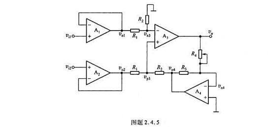 图题2.4.5所示为一增益线性调节运放电路，试推导该电路的电压增益AP=v0/（vi1-vi2图题2