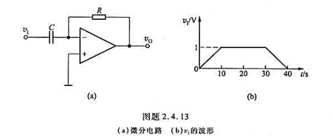 微分电路如图题2.4.13a所示，输入电压v1如图题2.4.13b所示，设电路R=10千欧，C=10