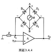 图题3.4.4是一高输入阻抗交流电压表电路，设运放和二极管均为理想器件，被测电压vi=2Vi sin