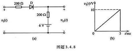 二极管电路如图题3.4.8a所示，设输入电压v1（t)波形如图b所示，在0＜t＜5 ms的时间间隔内