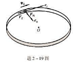 如题2-19图所示，光滑的水平桌面上放置一半径为R的固定圆环，物体紧贴环的内侧作圆周运动，其摩擦因数