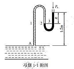 用习题1-1附图所示的U形压差计测量管路A点的压强，U形压差计与管路的连接导管中充满水。指示剂为求汞