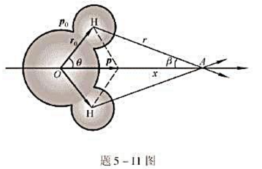 水分子H2O中氧原子和氢原子的等效电荷中心如题5-11图所示，假设氧原子和氢原子等效电荷中心间距为r