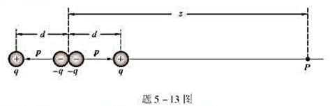 如题5-13图为电四极子，电四极子是由两个大小相等、方向相反的电偶极子组成。试求在两个电偶极子延长线