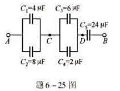 在A点和B点之间有5个电容器，其连接如题6-25图所示。（1)求A、B两点之间的等效电容;（2)若A