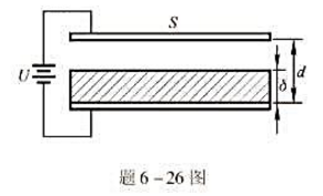 有一个空气平板电容器，极板面积为S，间距为d（如题6-26图所示)。现将该电容器接在端电压为U的电有