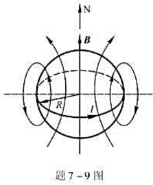 如题7-9图所示，已知地球北极地磁场磁感强度B的大小为6.0x10-5T。如设想此地磁场是由地球赤道