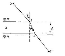 如图所示，由光源S发出的λ=600nm的单色光，自空气射入折射率n=1.23的一层透明物质，再射入空