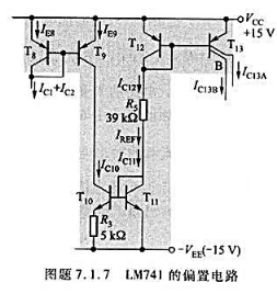 多路电流源电路如图题7.1.7所示（LM741的偏置电路)，求电路中各支路电流IREF。假设BJT的