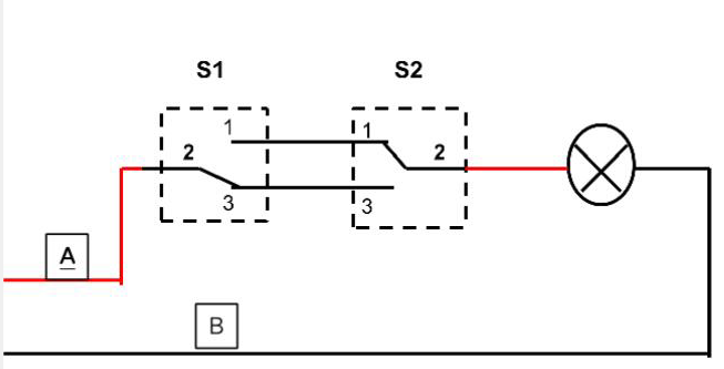 下图是两只双控开关控制一只白炽灯的电路图1.在图中A是（)线、B是（)线。2.简述其控制过程:（1)
