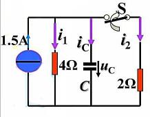 t=0时，S闭合后uC及各电流的初始值及稳态值。