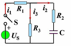 电路中，已知R1=3Ω，R2=10Ω，R3=6Ω，C=10μF，US=100V，t=0，闭合S，求i