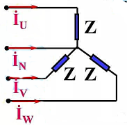 电路如图，电源uUV=380√2sin（ωt+30°)V，负载ZU=10Ω，Zv=6-j8Ω，Zw=