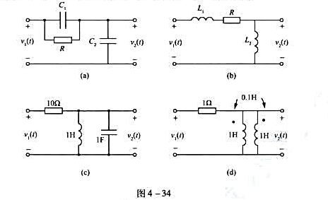 求图4-34所示各网络的电压转移函数在s平面示出其零、极点分布,若激励信号v1（t)为冲激函数δ求图