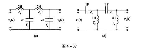 写出图4-37所示各梯形网络的电压转移函数在s平面示出其零、极点分布.写出图4-37所示各梯形网络的