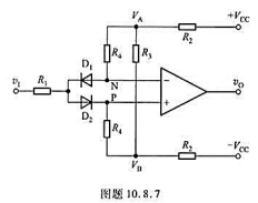 图题10.8.7是利用两个二极管D1、D2和两个参考电压VA，VB来实现双限比较的窗口比较电路。设电