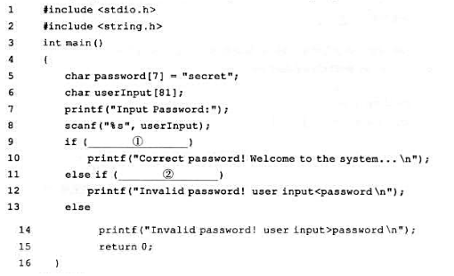下面的程序比较用户输人的密码userlnput与内设的密码password是否相同。若相同，则输出“
