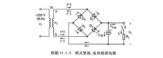 电路如图题11.1.3所示，已知V2=20V，RL=50千欧，C=1000μF。（1)如当电路中电容