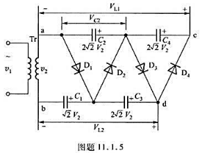 如图题11.1.5所示倍压整流电路，要求标出每个电容器上的电压和二极管承受的最大反向电压;求输出电压